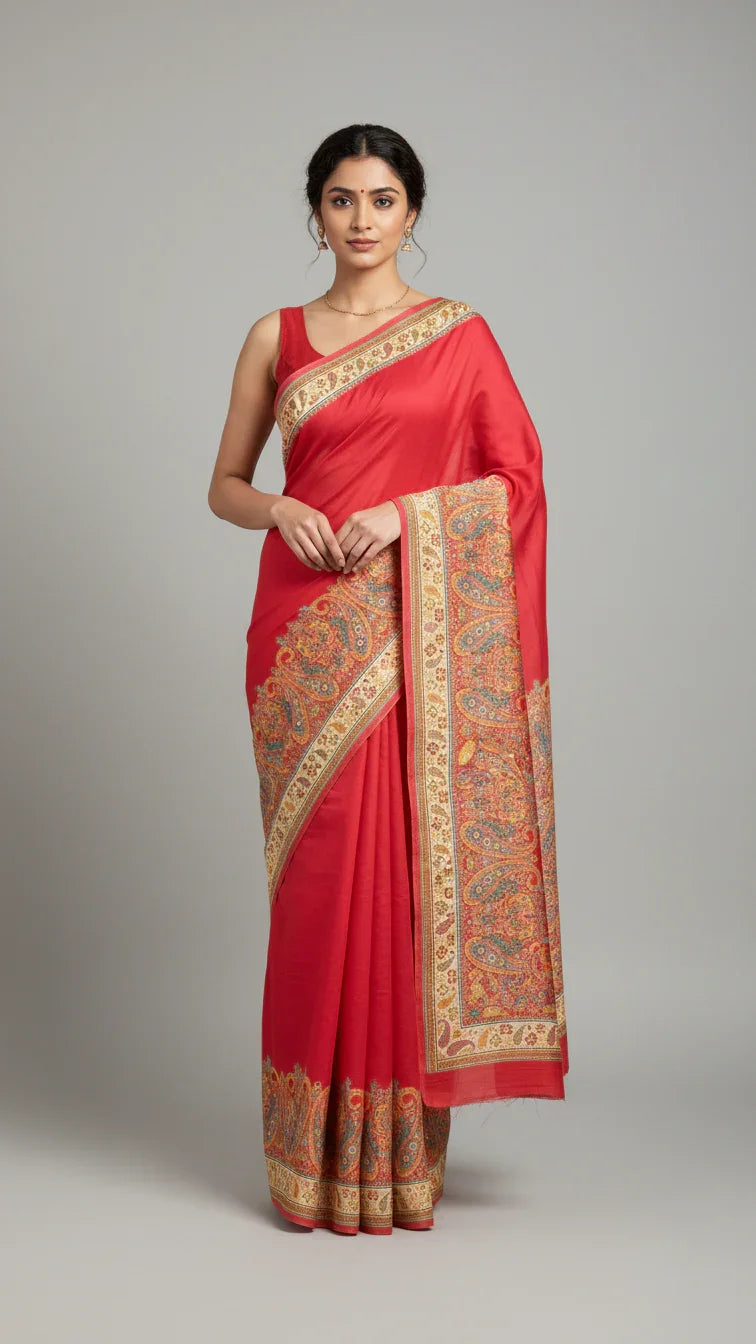 Red Jacquard Viscose Saree With Position print