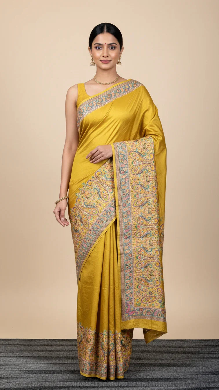Mustard Jacquard Viscose Saree With Position print