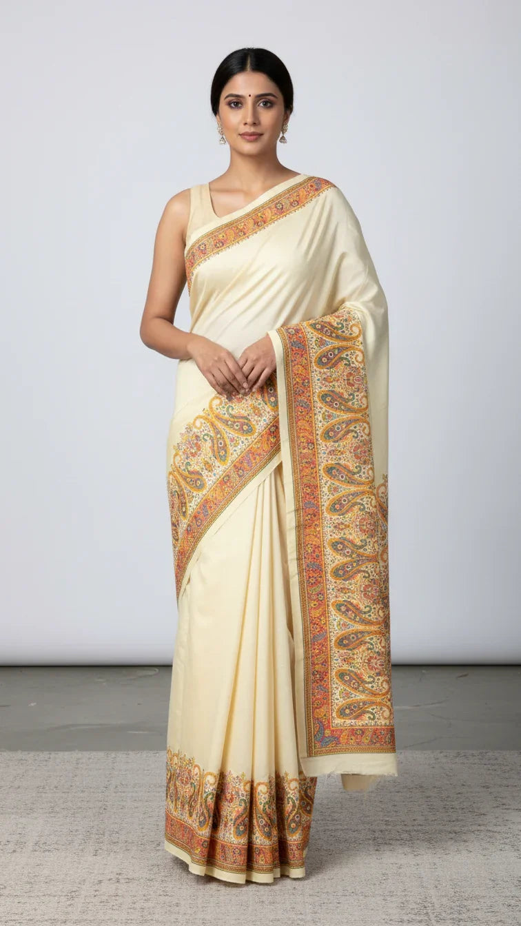 Cream Jacquard Viscose Saree With Position print
