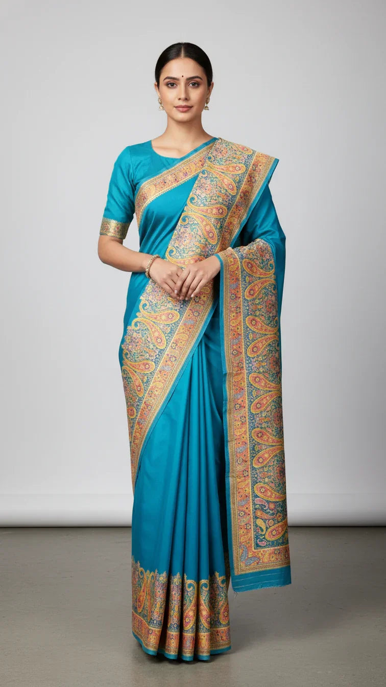 Rama Jacquard Viscose Saree With Position print
