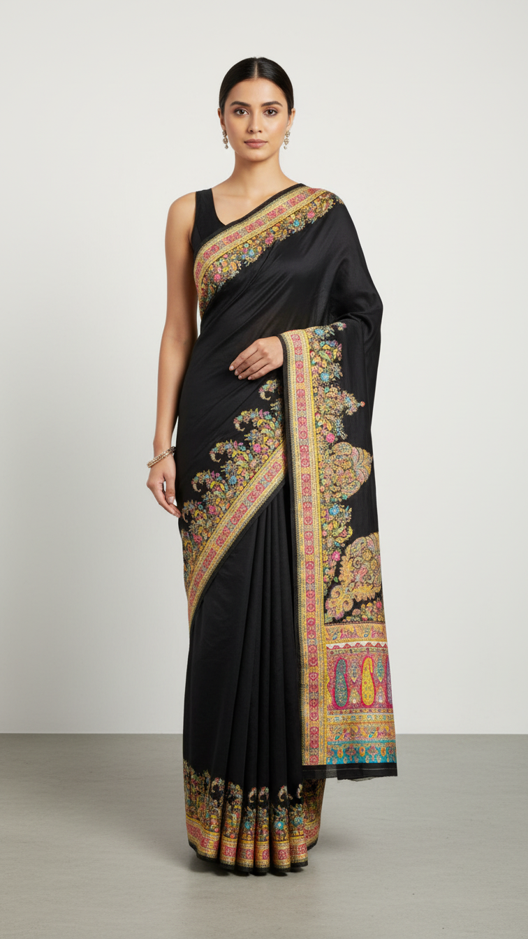 Black Jacquard Viscose Saree With Position print