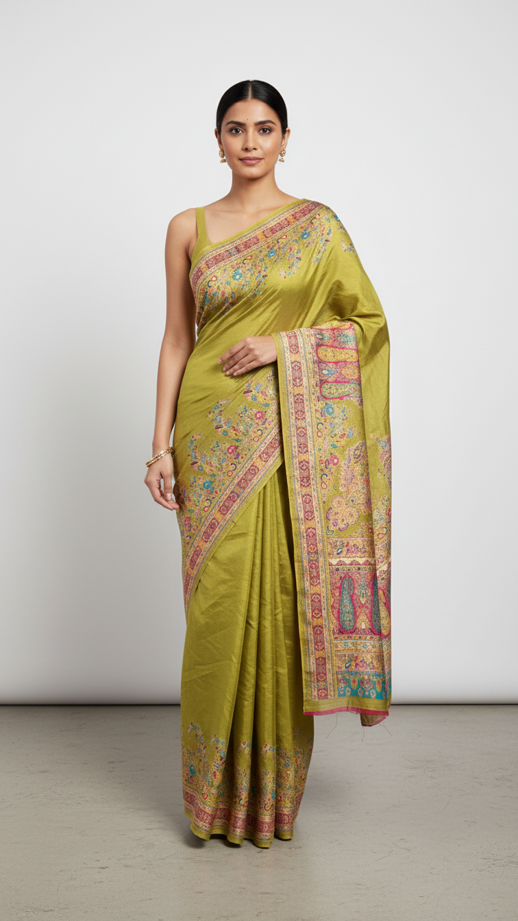 Oilve Green Jacquard Viscose Saree With Position print