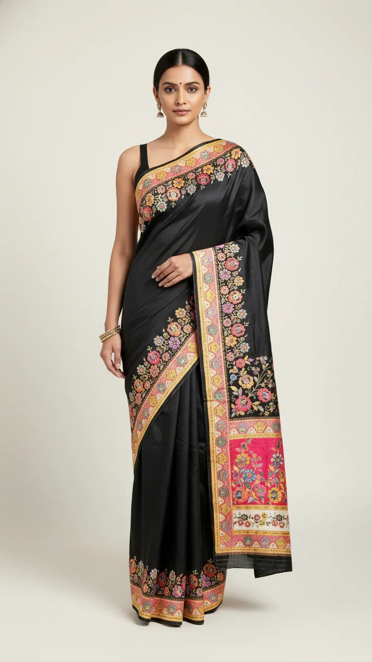 Dola silk Black jacquard viscose Saree with Multicolor Floral Border & Rich Magnet pallu