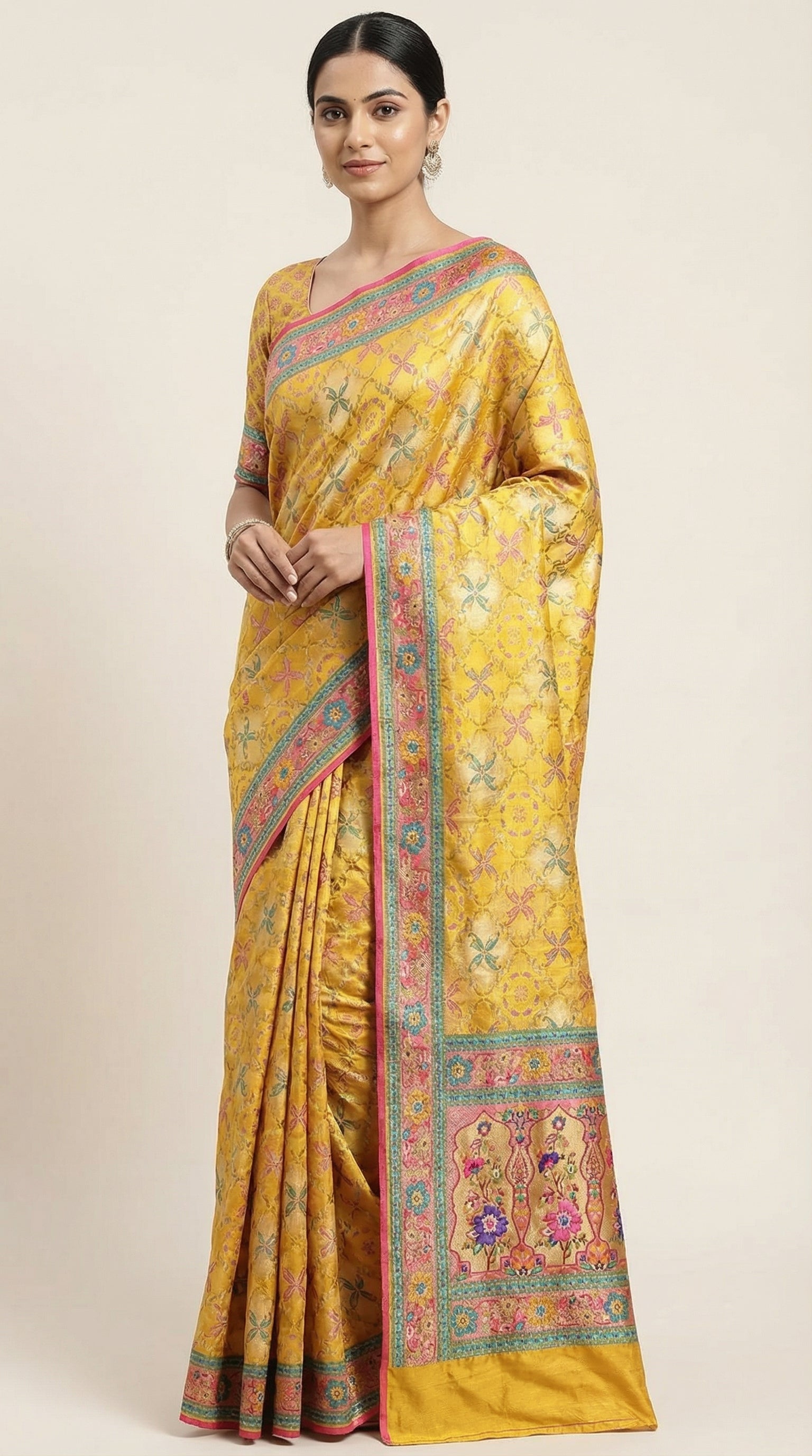 Yellow Satin Saree with Multicolor Traditional Border with Position Print