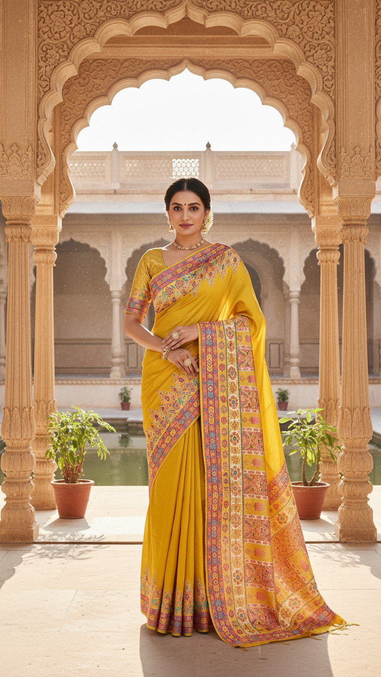 Ivory Yellow Dola Silk jacquard viscose Position Saree