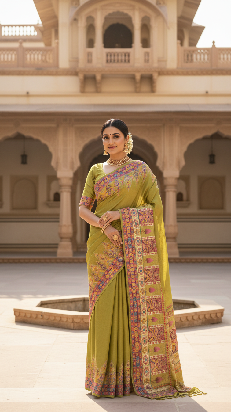 Ivory Olive Green Dola Silk jacquard viscose Position Saree