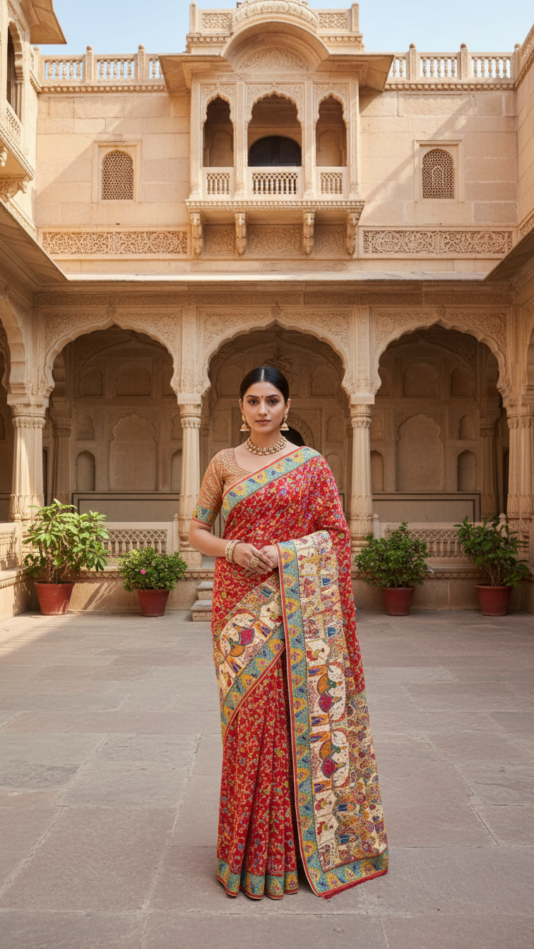Dola silk red  jacquard viscose Saree with Multicolor Floral Border