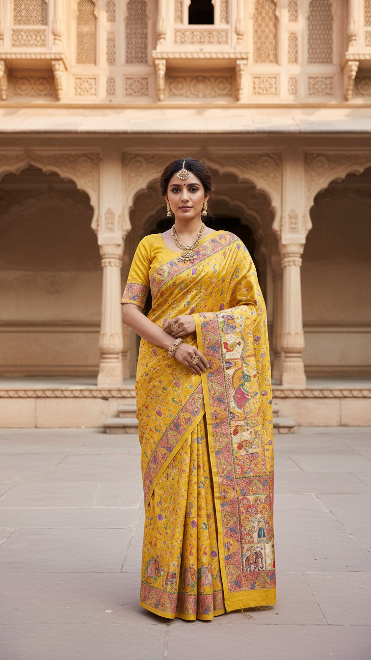 Dola silk Yellow  jacquard viscose Saree with Multicolor Floral Border