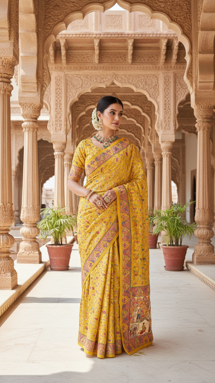 Dola silk Yellow  jacquard viscose Saree with Multicolor Floral Border