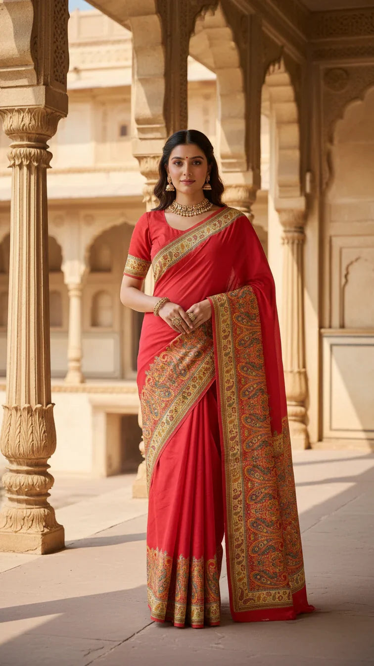 Red Jacquard Viscose Saree With Position print