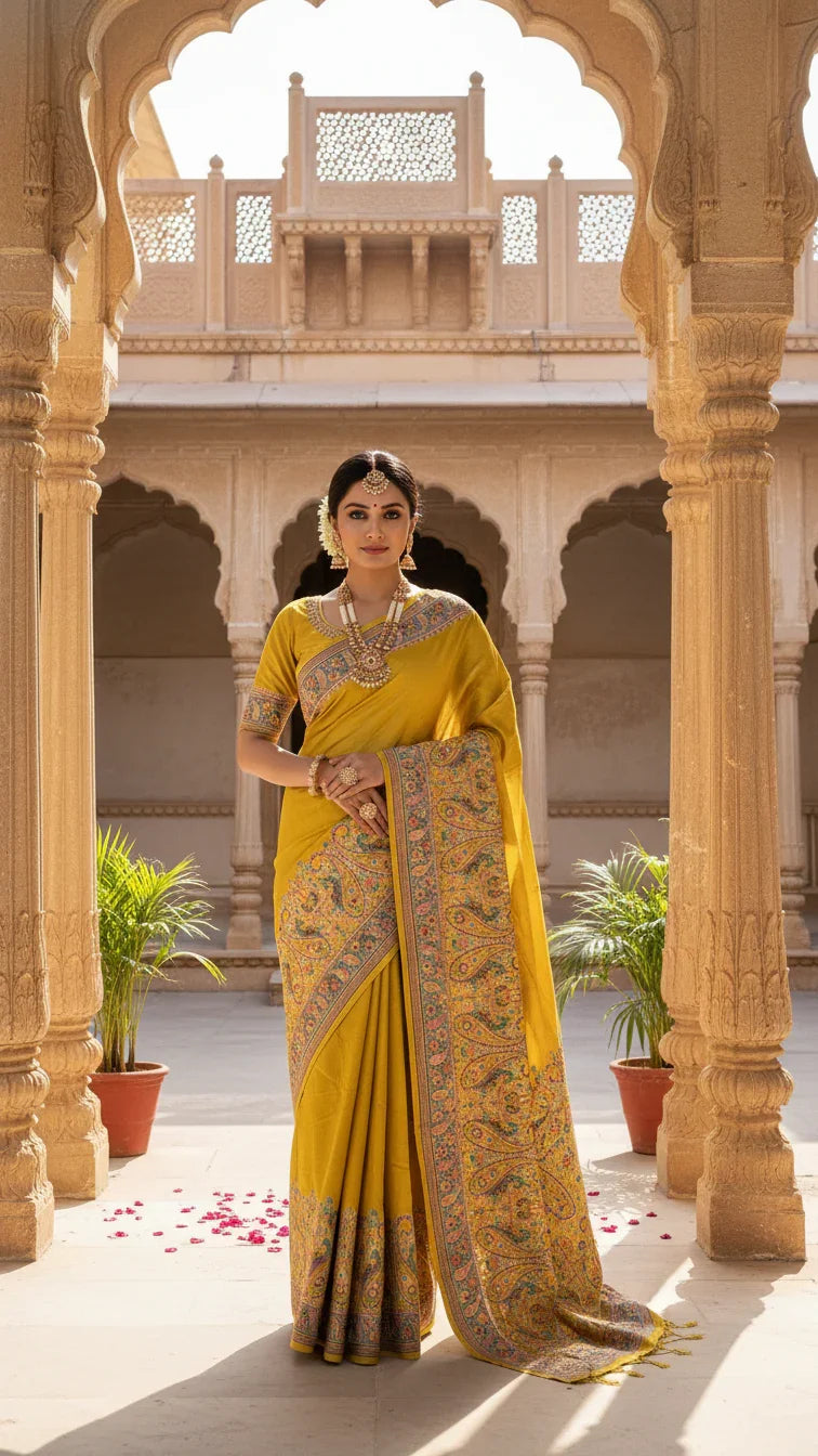 Mustard Jacquard Viscose Saree With Position print