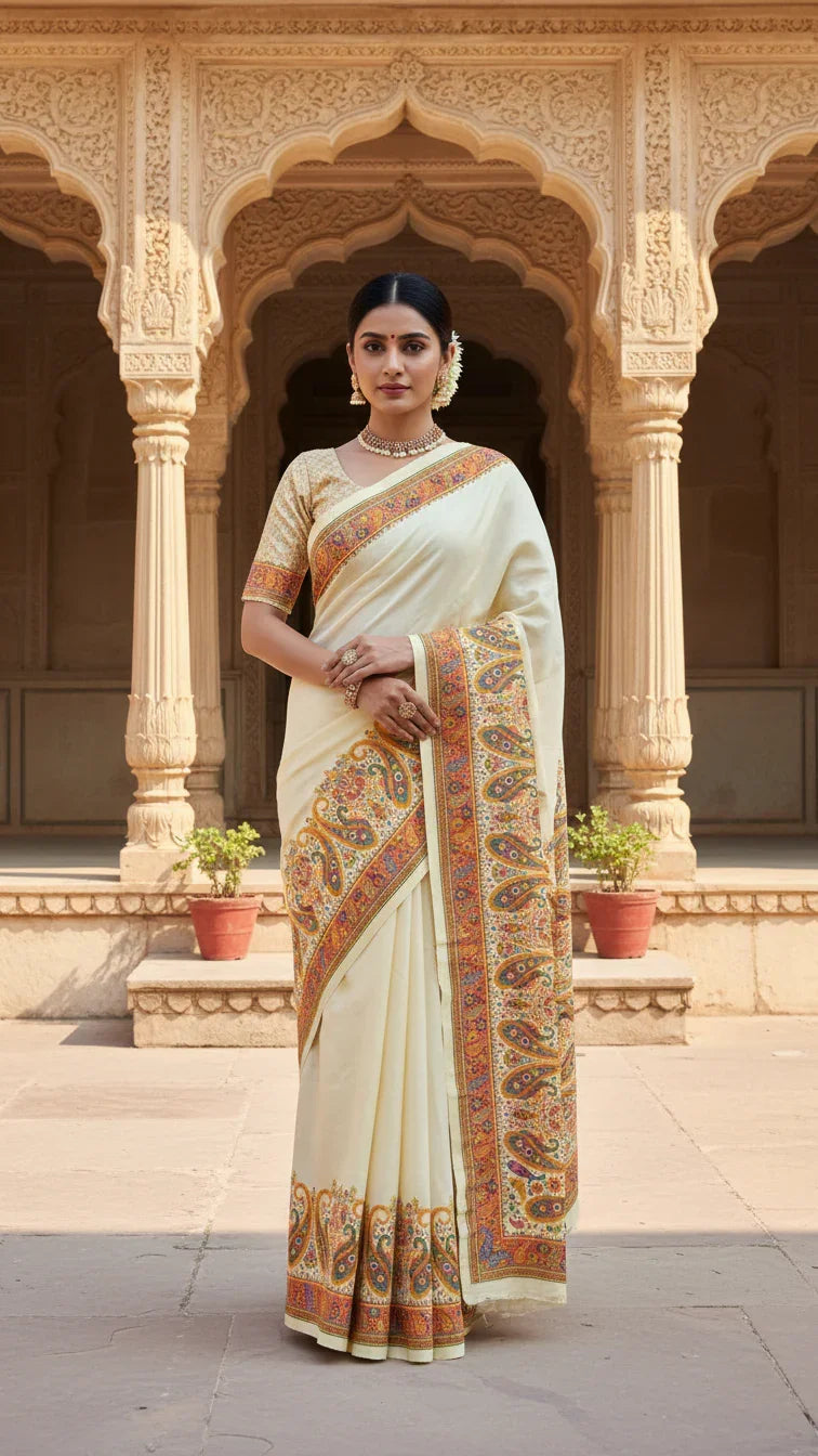 Cream Jacquard Viscose Saree With Position print