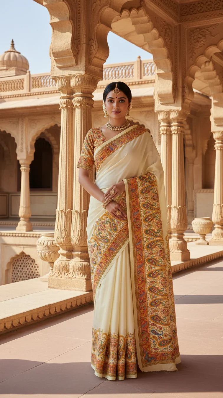 Cream Jacquard Viscose Saree With Position print