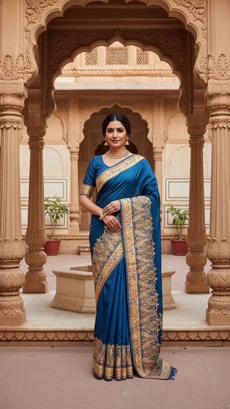 Royal Blue Jacquard Viscose Saree With Position print