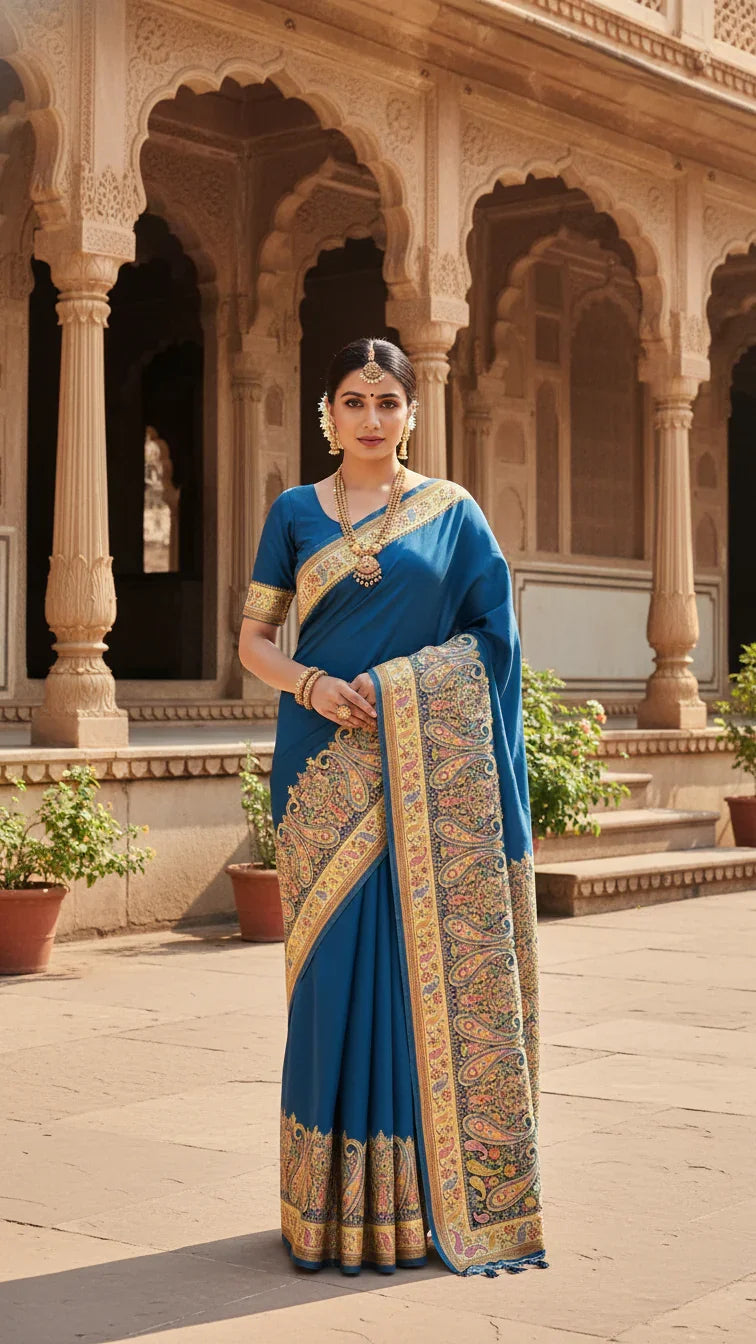 Royal Blue Jacquard Viscose Saree With Position print