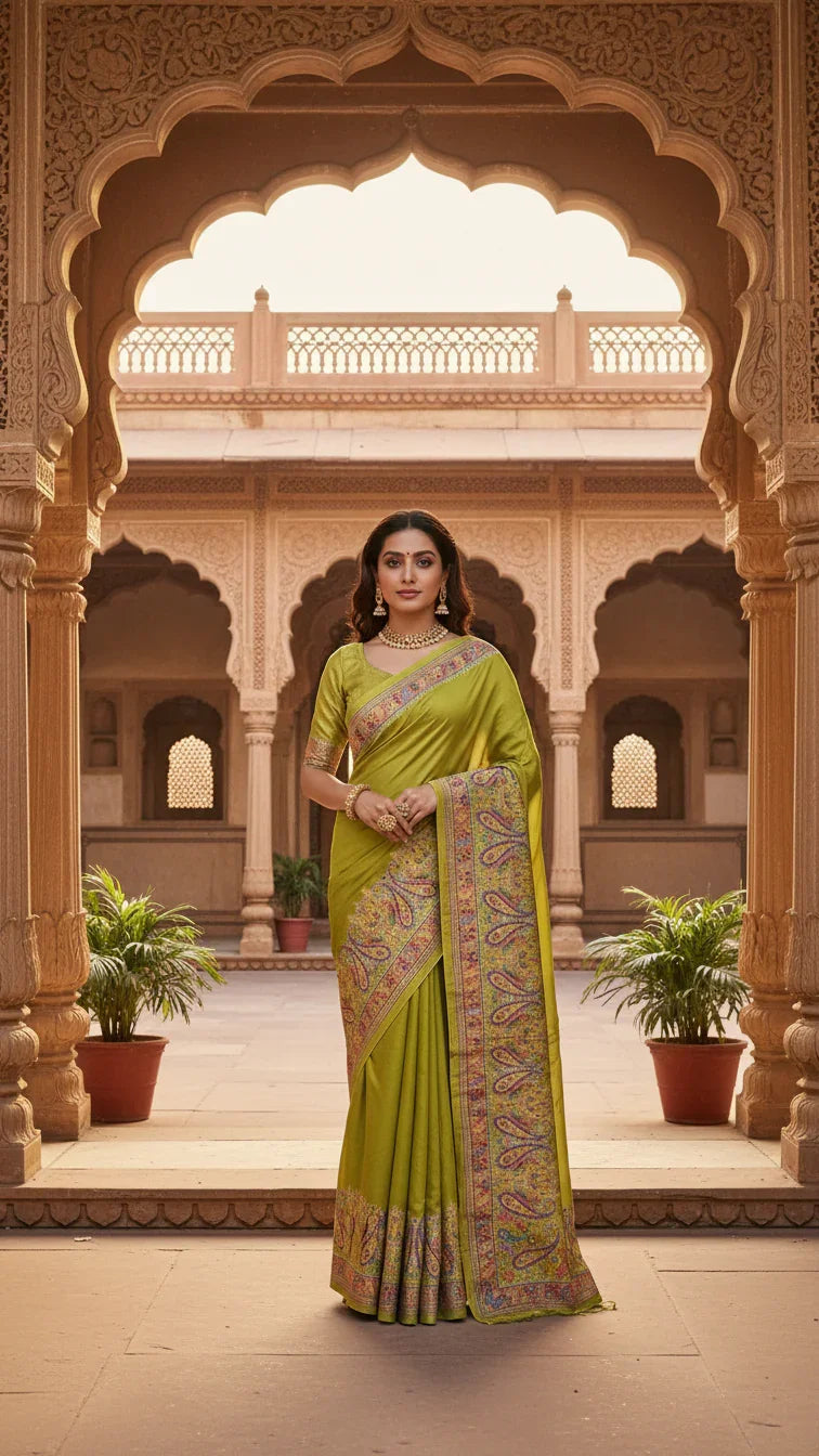 Olive Green Jacquard Viscose Saree With Position print
