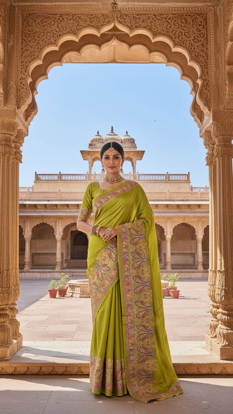 Olive Green Jacquard Viscose Saree With Position print
