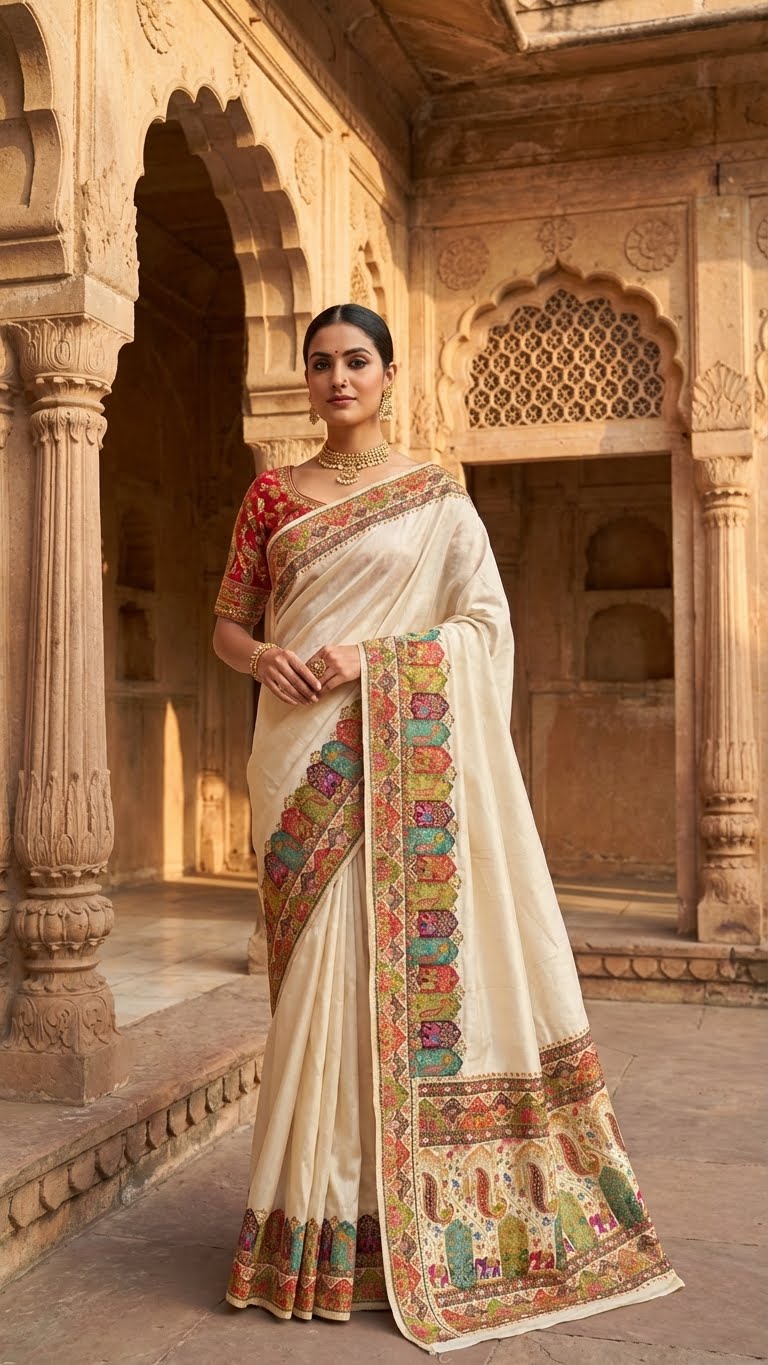 Cream Satin Saree with Multicolor Traditional Border with Position Print
