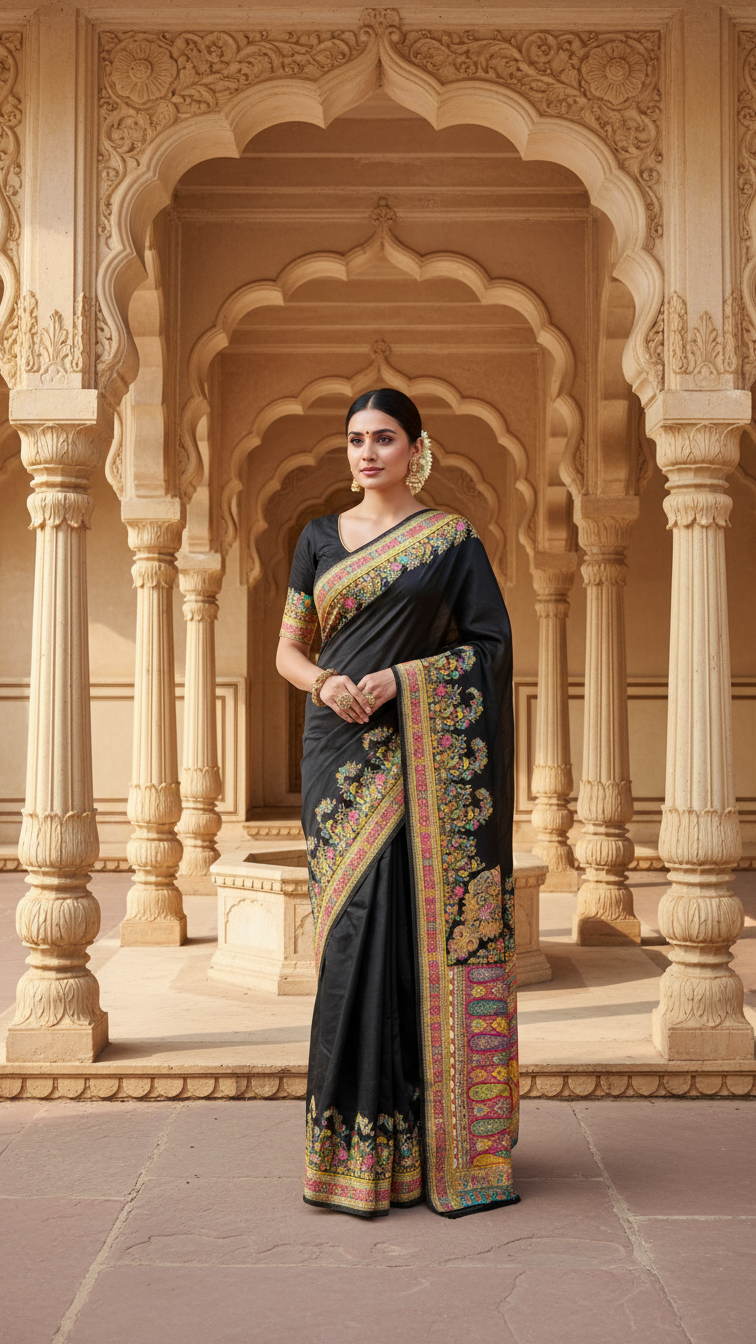 Black Jacquard Viscose Saree With Position print