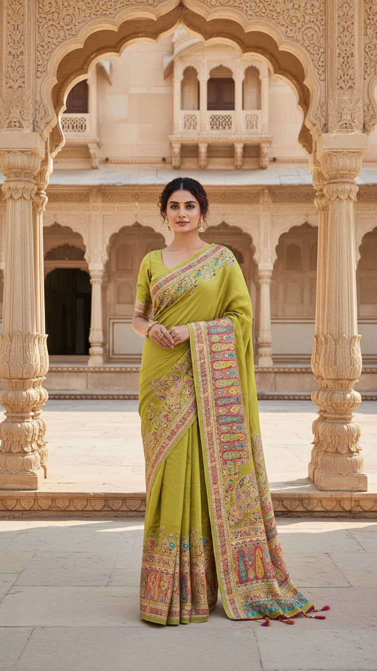 Oilve Green Jacquard Viscose Saree With Position print