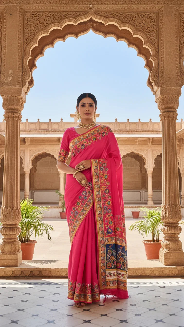 Dola silk Rani jacquard viscose Saree with Multicolor Floral Border & Rich Magnet pallu