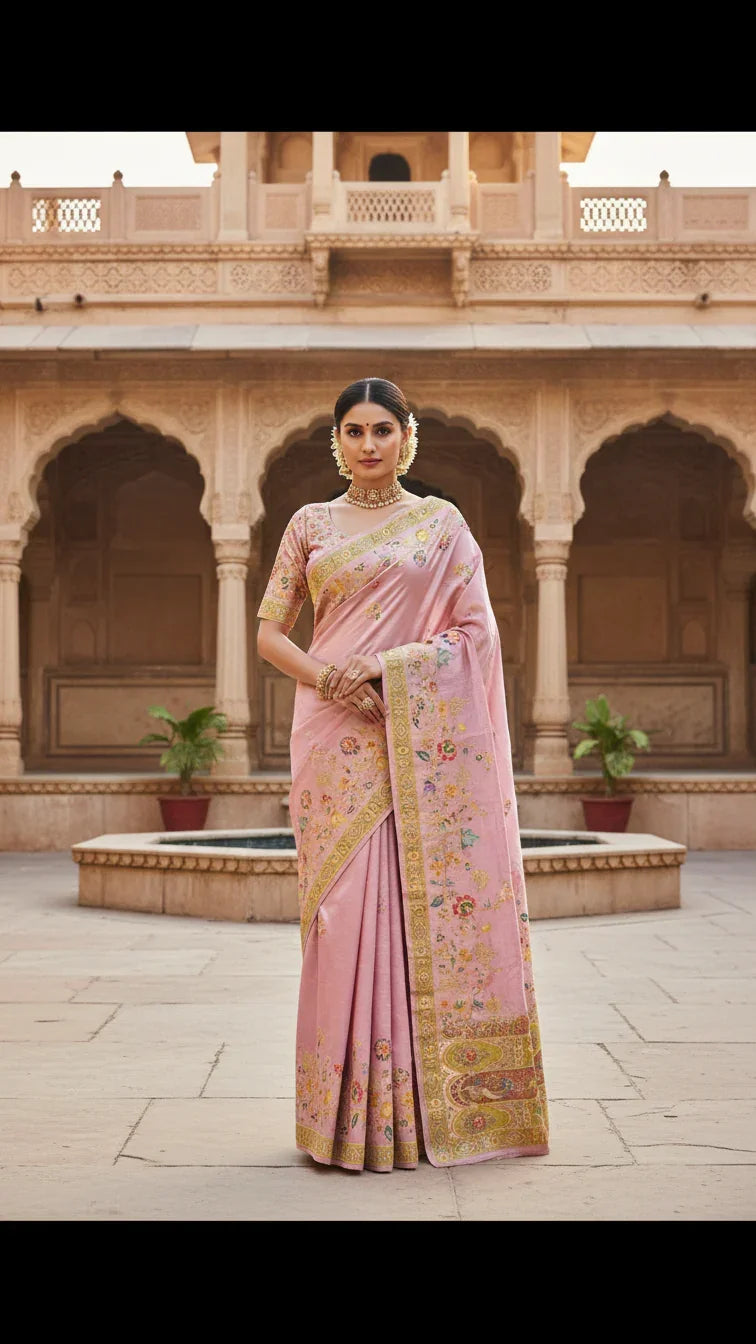 Blush Pink Tissue Silk Saree With Position Print