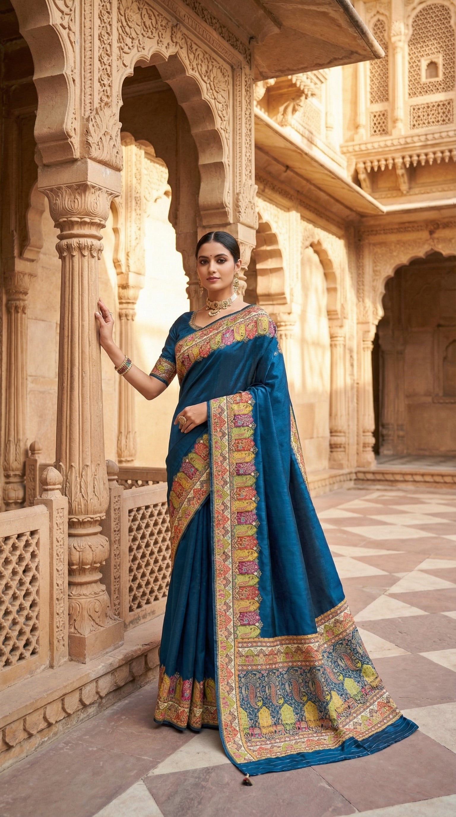 Teal Blue Satin Saree with Multicolor Traditional Border with Position Print