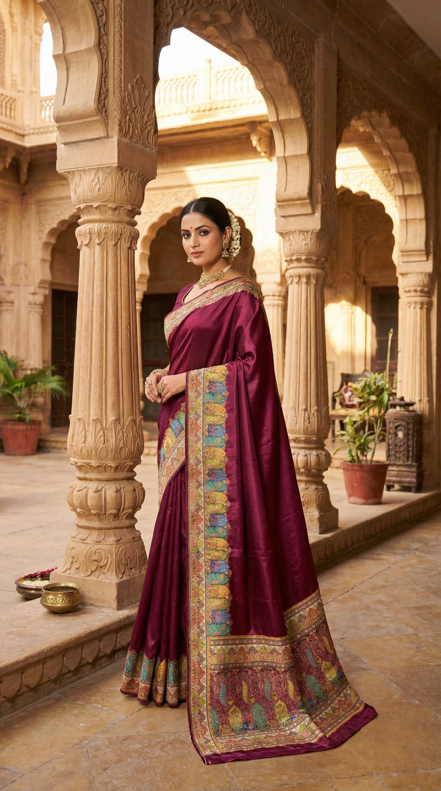 Wine Satin Saree with Multicolor Traditional Border with Position Print