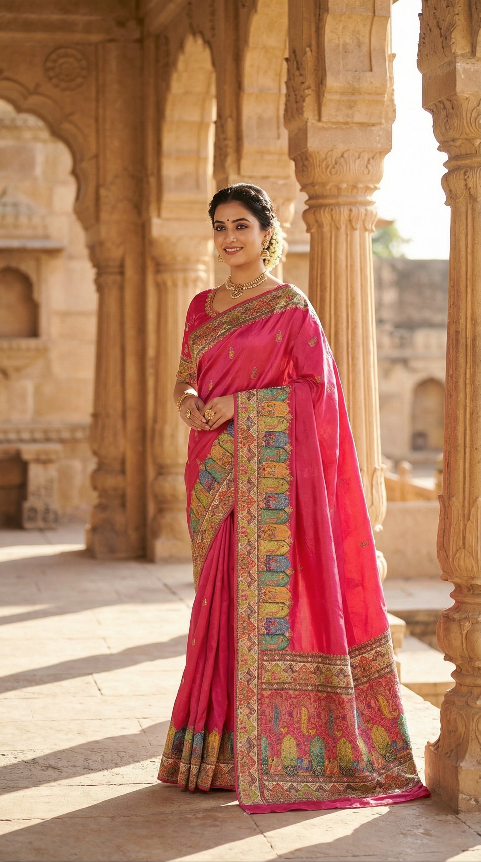 Rani Satin Saree with Multicolor Traditional Border with Position Print