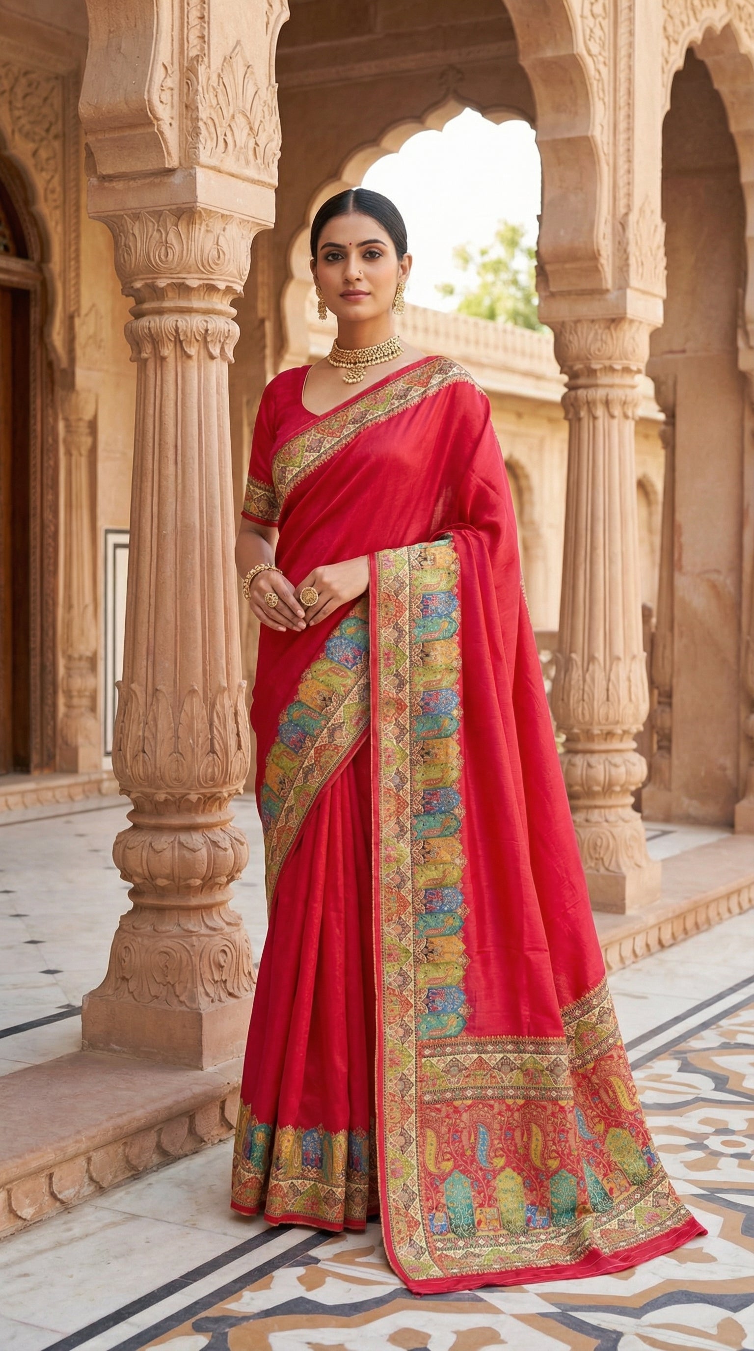 Red Satin Saree with Multicolor Traditional Border with Position Print