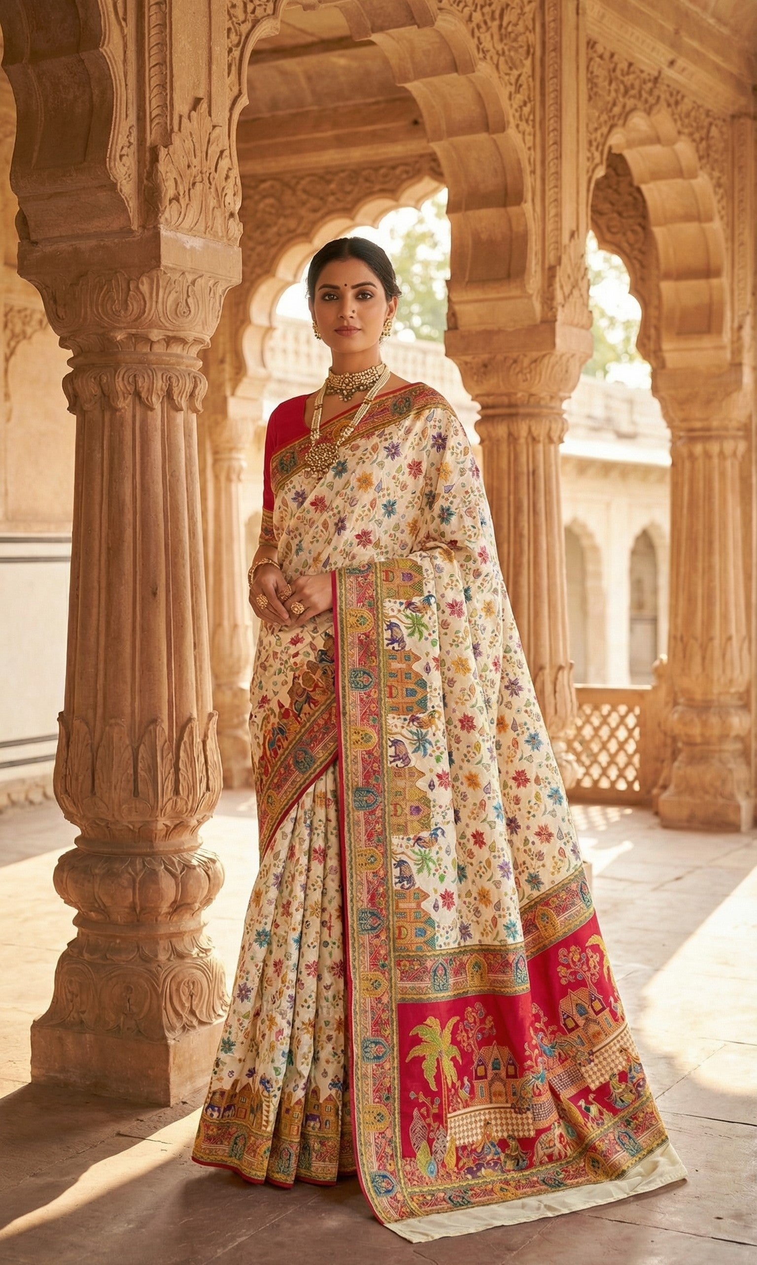 Dola silk Cream jacquard viscose Saree with Multicolor Floral Border