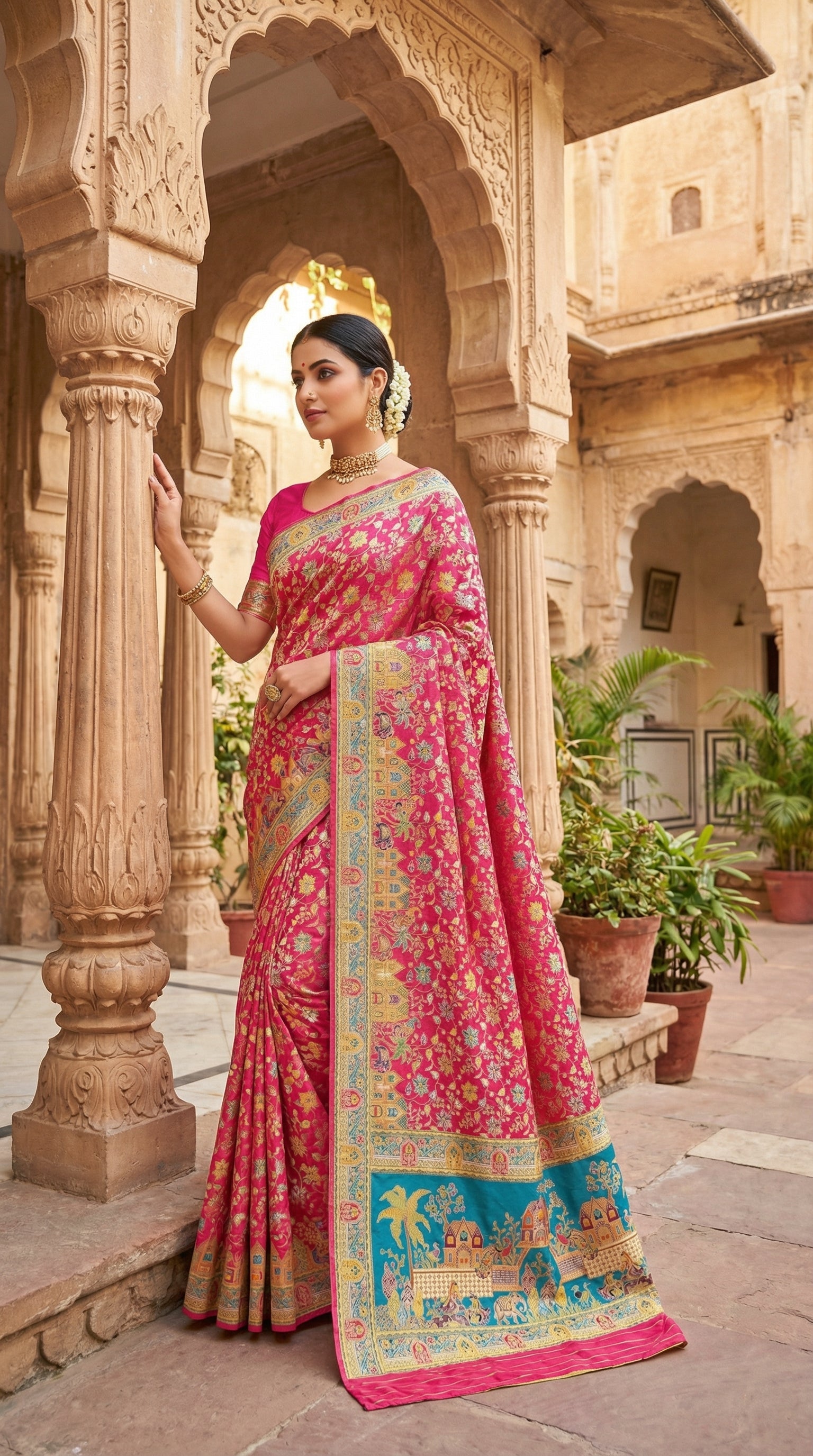 Dola silk Rani  jacquard viscose Saree with Multicolor Floral Border