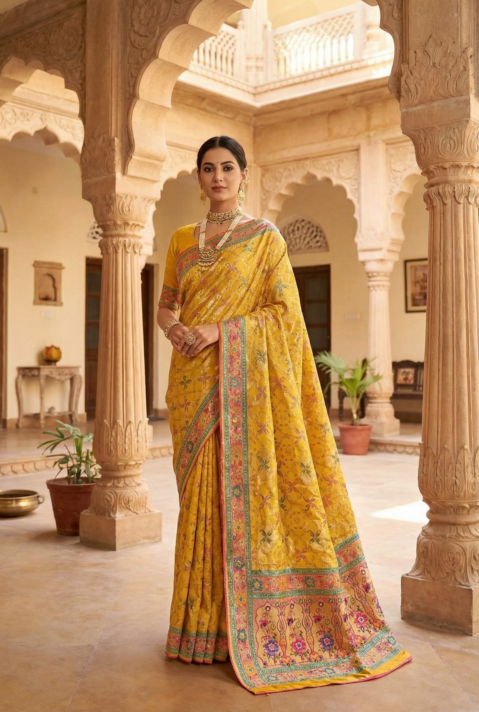 Yellow Satin Saree with Multicolor Traditional Border with Position Print