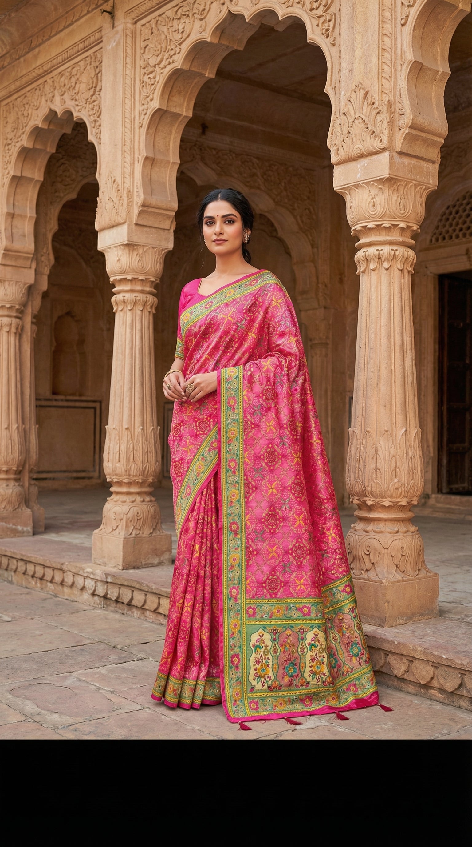 Rani Satin Saree with Multicolor Traditional Border with Position Print