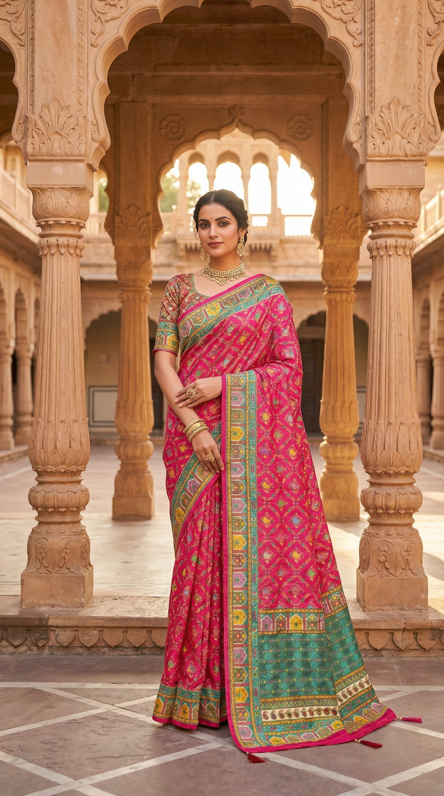Rani Fancy Satin Traditional saree with Position Print