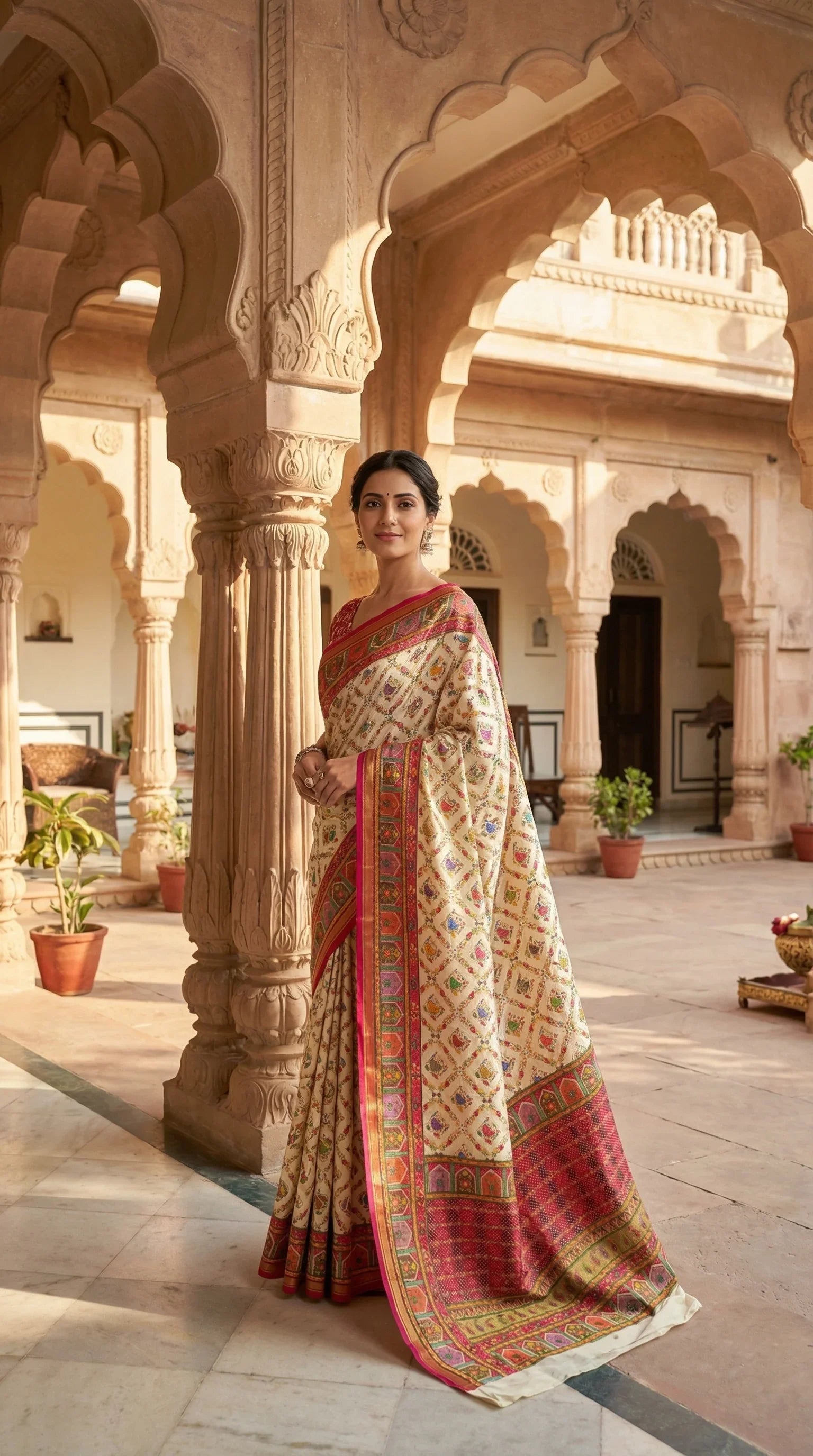 Cream Fancy Satin Traditional saree with Position Print