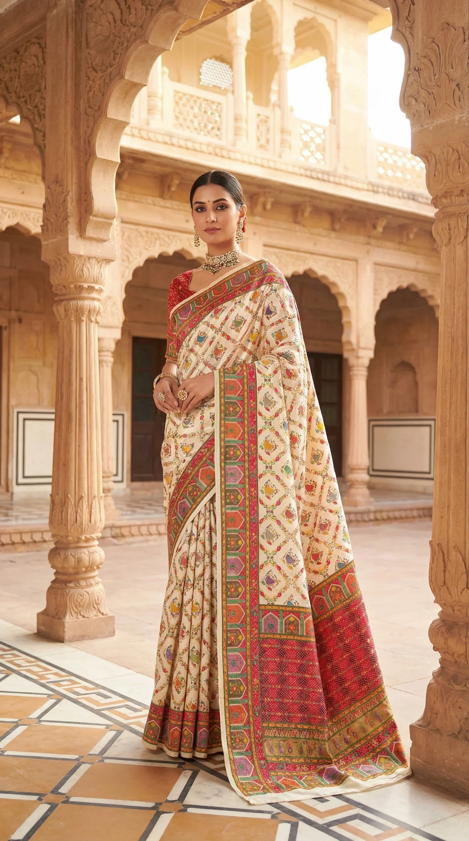 Cream Fancy Satin Traditional saree with Position Print