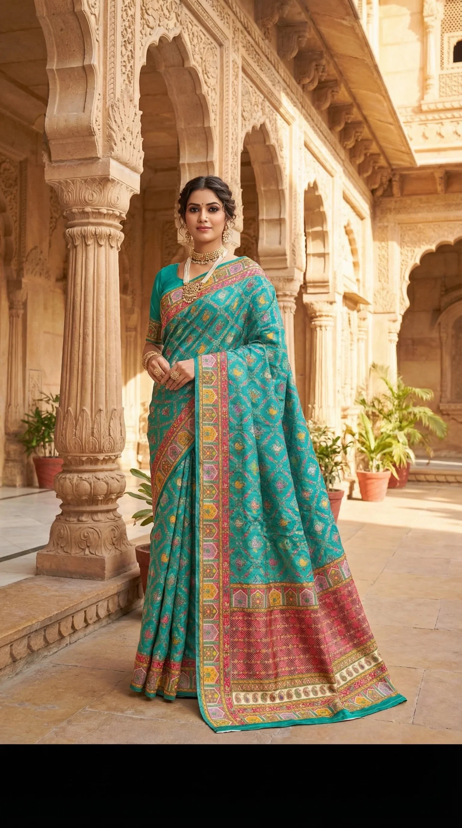 Rama Fancy Satin Traditional saree with Position Print