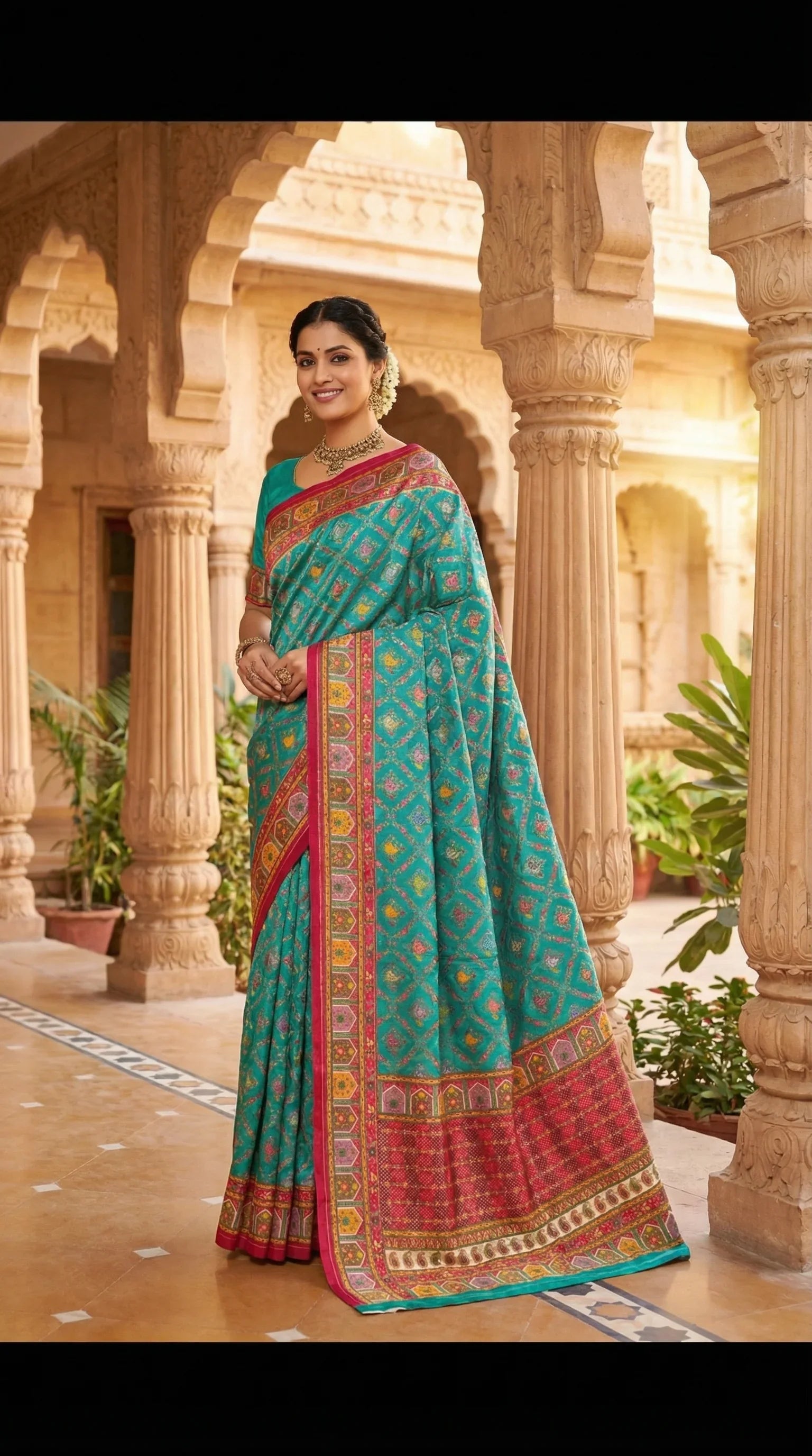 Rama Fancy Satin Traditional saree with Position Print