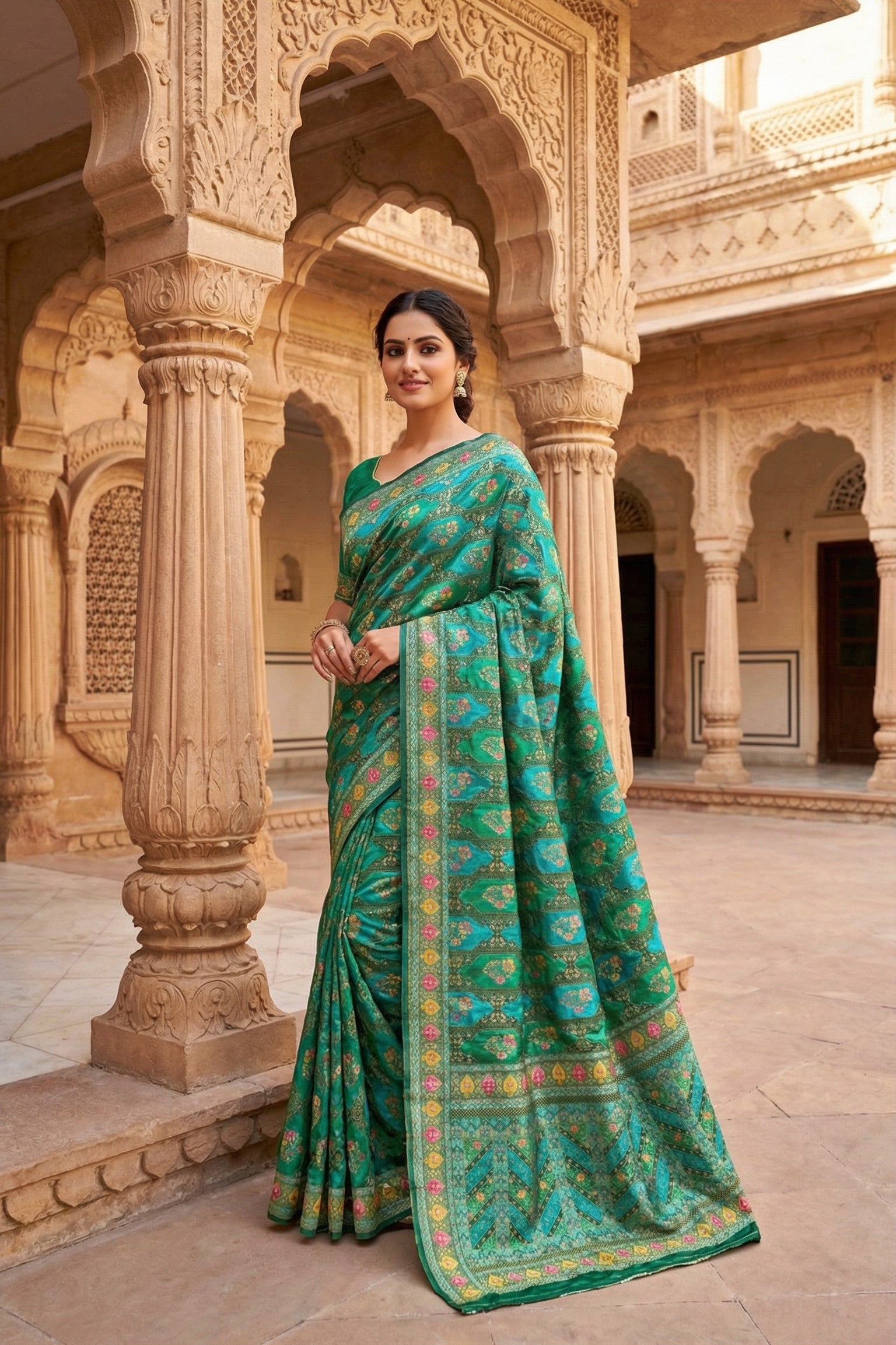 Rama Satin Silk Saree with Position Print