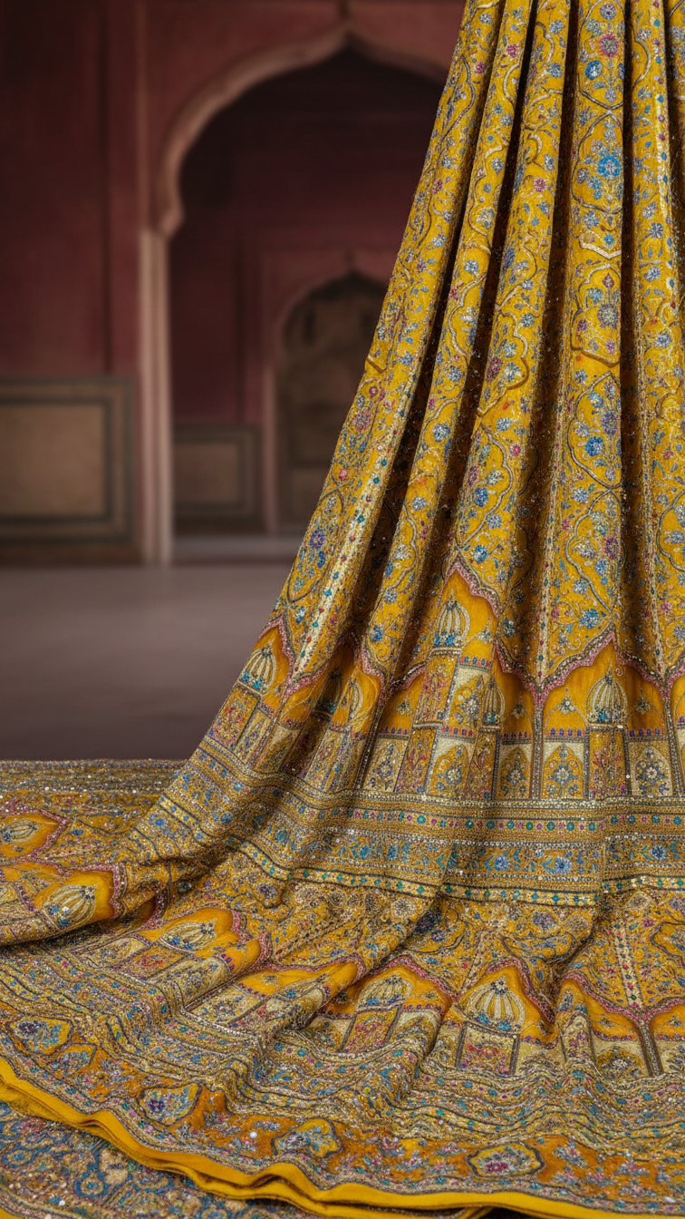 Royal Yellow Position Print Crepe Kurta Fabric Only