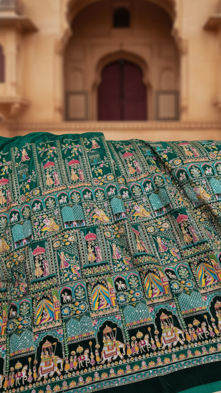 Green Colour Position Print Blouse Only Fabric