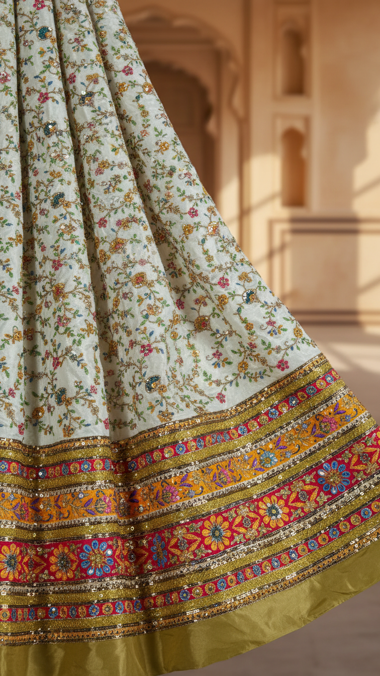 Cream Beautiful Embroidery Lehenga Only Fabric