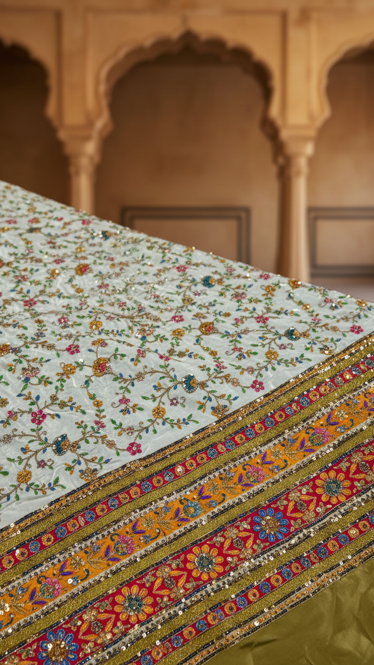 Zari with Sequins Floral Position Print On Cream Pure Crepe Fabric