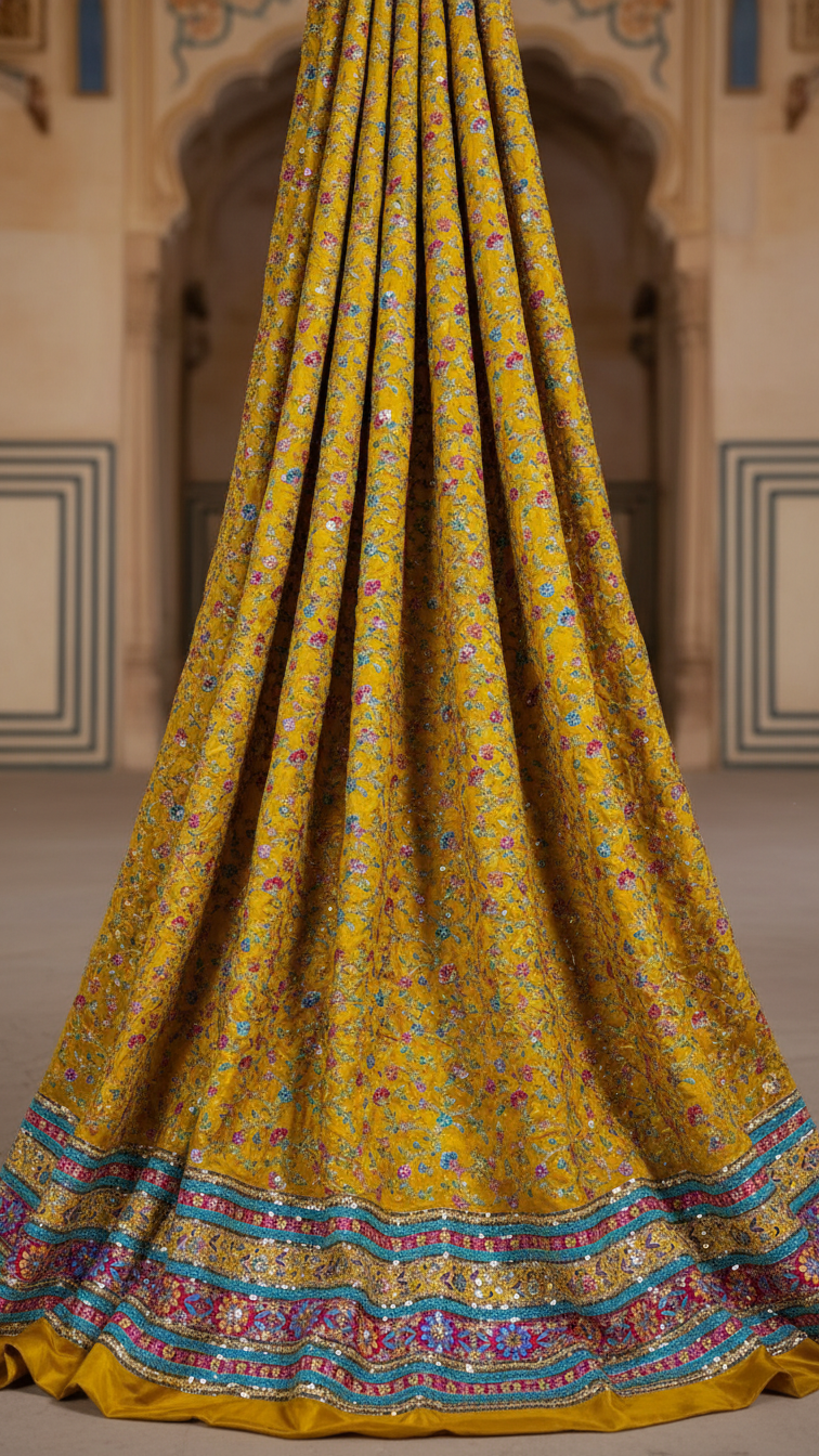 Zari with Sequins Floral Position Print On Mustad Pure Crepe Fabric