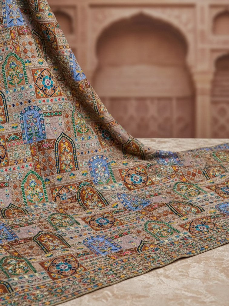 Peach Embroidery Crepe Fabric