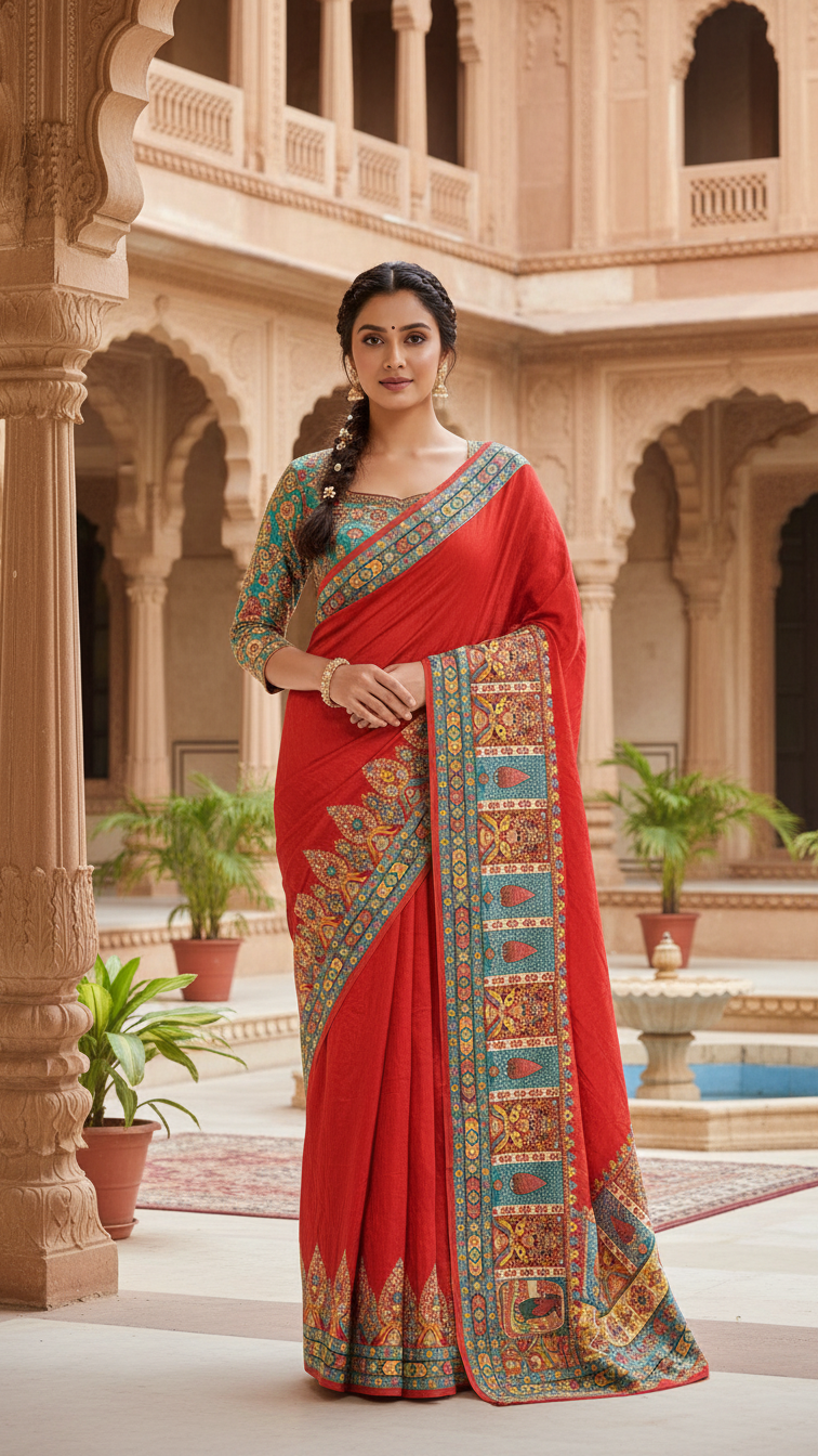 Ivory red Dola Silk jacquard viscose Position Saree