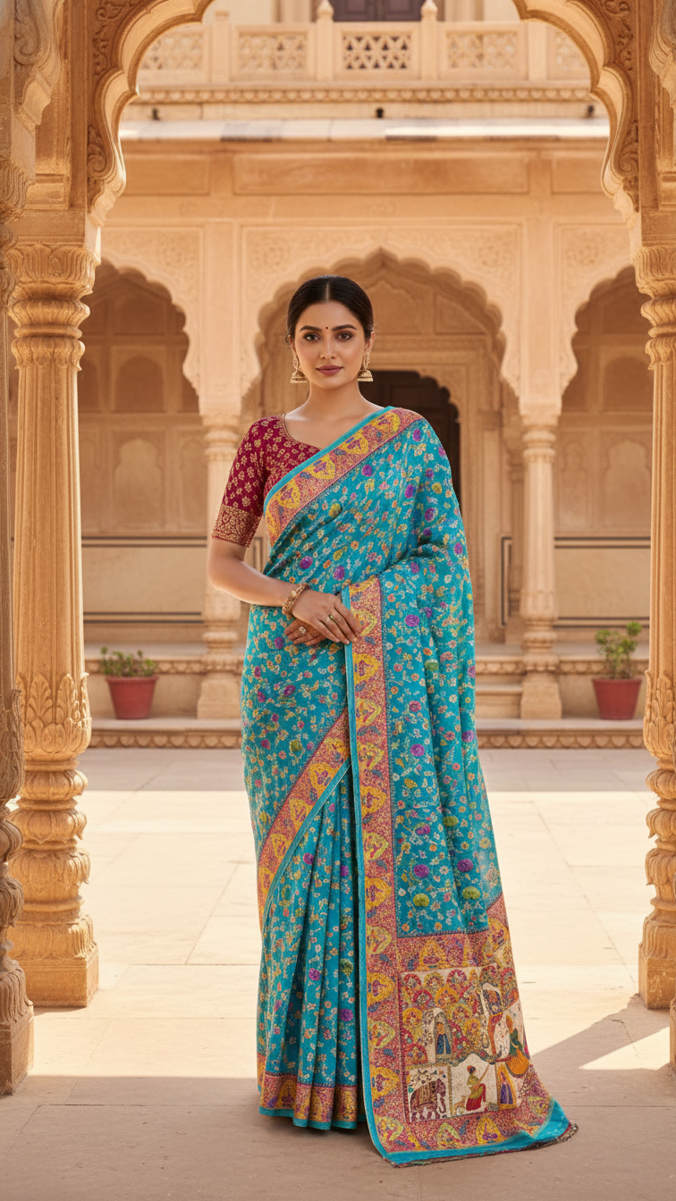 Dola silk Patrol blue jacquard viscose Saree with Multicolor Floral Border