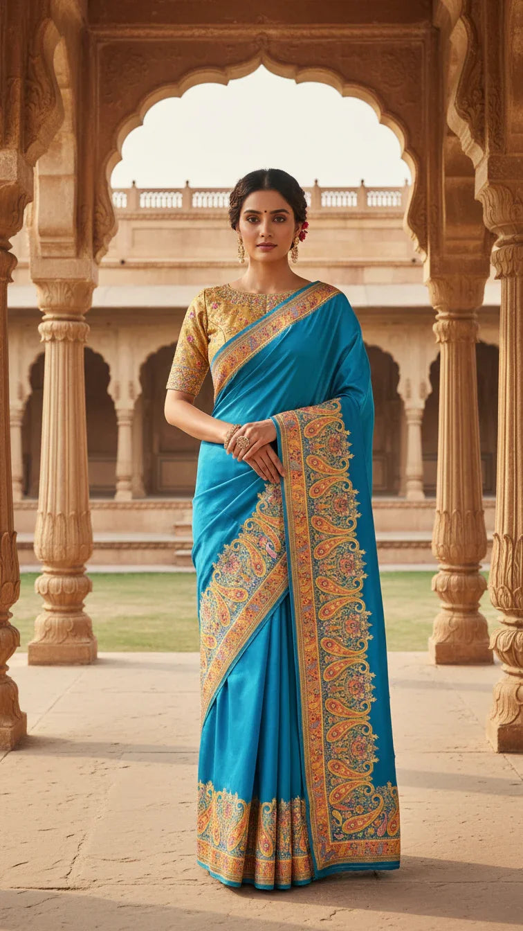 Rama Jacquard Viscose Saree With Position print