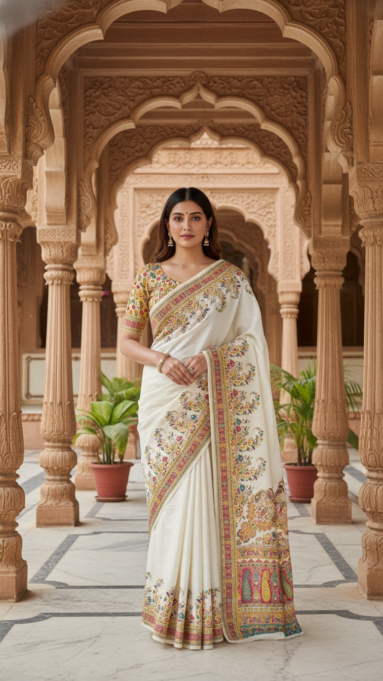 Cream Jacquard Viscose Saree With Position print